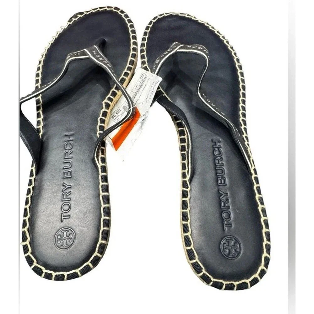 Tory Burch Flat Espadrille Sandals Women’s 11 Black White Logo Strap BNIB